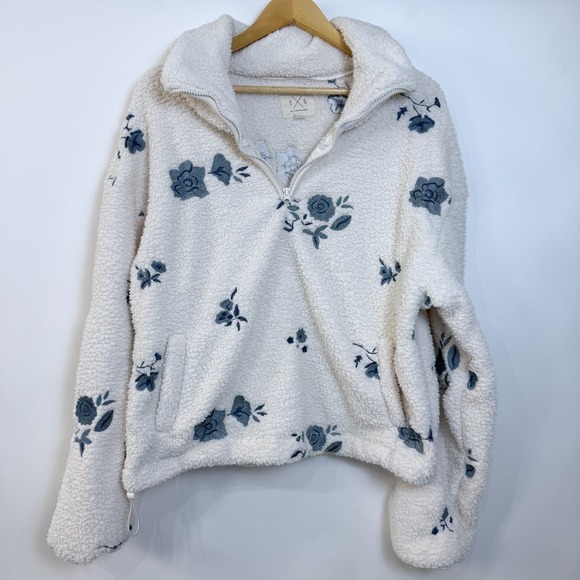 Thread & Supply Tops - Thread & Supply Floral Embroidered Faux Shearling Quarter Zip Pullover XL Ivory